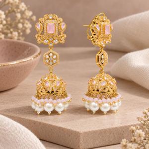 Gold Plated Pink Stone Jhumka Earrings with Faux Pearls Pakistani Bridal Wedding Jewelry Factory Wholesale - Product Image 2