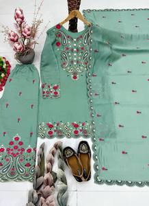 Exclusive Trendy Wedding Diwali Salwar Kameez Set Sequence Embroidery Stretchable Wrinkle-Free Top Plazzo Dupatta Roman <b>Silk</b> - Product Image 3