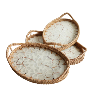 Handmade Natural Rattan Serving Tray With Mother Of Pearl MOP Inlay <b>Oval</b> Decorative Basket For Home <b>Coffee</b> <b>Table</b> Decoration - Product Image 4