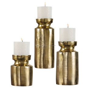Premium 3-Piece Textured Gold <b>Candlestick</b> Set • Heavy Hammered Cylinder Centerpiece - Product Image 1