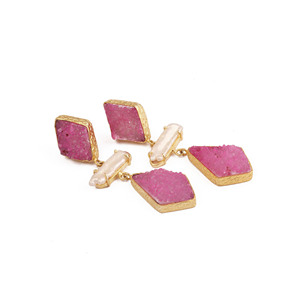 Pendientes Colgantes de Bisutería Elegante con Bisel Geométrico de Druzy Rosa y Latón Chapado en Oro, Hechos a Mano, Ideales para Bodas y Fiestas - Product Image 3