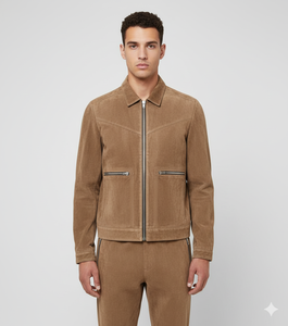 Men's Brown <b>Suede</b> Moto <b>Jacket</b> With Zipper Closure Turn-down Collar Regular Fit Autumn Wear Solid Color - Product Image 6