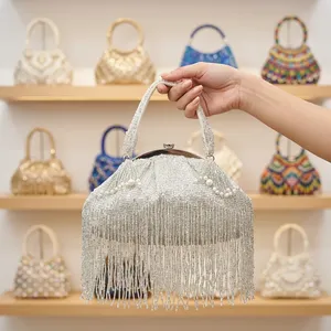 <b>Top</b> selling Beaded Purse Silver Beaded Fringe Clutch Purse Bridal Wedding Evening Bag Women Tassel Purse Handbag At Best Price - Product Image 1