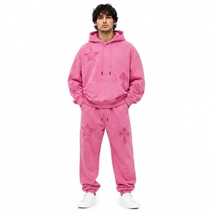 Conjunto Deportivo de 2 Piezas para Hombre, Estilo Urbano, Sudadera con Capucha Oversize, Pantalones Jogger, Parche de Estrella y Cruz, Felpa, Fabricante OEM Personalizado, Venta al Por Mayor - Product Image 2