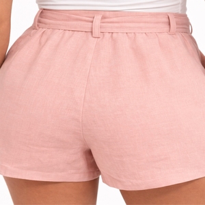 Shorts pour femmes à taille haute, couleur rose unie, avec ceinture à nouer, coupe régulière, style décontracté, tissu tissé - Product Image 6