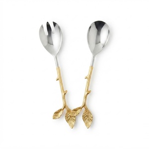 Luxury Stainless Steel <b>Salad</b> Serving Set with Gold Twig Leaf Handle Handcrafted Two-Tone Decorative Serving Spoon and Fork Set - Product Image 5
