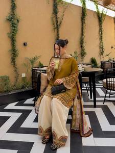 Designer Thread Embroidery Work Roman Silk <b>Top</b> With Plazzo And Georgette Dupatta Fully Stitched Ready To Wear Set - Product Image 3