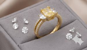 Anillo de compromiso clásico para mujer con diamante amarillo de talla radiante y engaste de garra, de 3 piedras con tallo dividido, joyería de boda. - Product Image 5