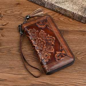 New High Quality Designer Genuine Leather Hand Tooled Florals Carved Clutch <b>Wallet</b> Vintage Multi Color <b>Lady</b> Portable Waterproof - Product Image 1