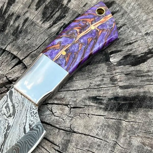 Couteau utilitaire d'extérieur en acier Damas avec étui en cuir, outil artisanal pour le camping, la randonnée et les activités de plein air - Product Image 4