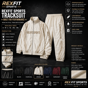 REXFIT SPORTS 2026 Ensemble de survêtement unisexe personnalisé en nylon crème, veste zippée intégrale et pantalon de jogging, léger, pour le sport, la gym, l'entraînement et le streetwear - Product Image 1