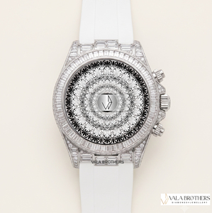 Reloj Cronógrafo de Lujo con Caja de Acero Inoxidable de 41 mm, Analógico de Cuarzo, Bisel con Diamantes, Correa de Silicona Blanca, Estilo Deportivo Antiguo - Product Image 1