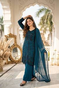 New Designer Heavy Faux Georgette Embroidery Work Women's Party Reversible 3-Piece Suit Set - Product Image 3