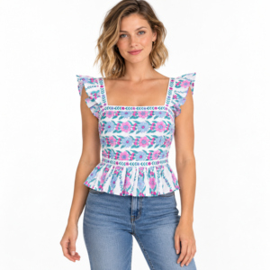 Blusa con estampado floral para mujer, cuello cuadrado, manga con volantes, top con peplum - Product Image 1