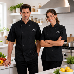 Chaqueta de Chef con Logotipo Personalizado en Relieve, Tela Tejida de Poliéster/Algodón, Corte Regular, Manga Corta, Cierre de Botones, Uniforme para Restaurante/Bar - Product Image 1