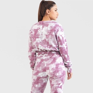 Ensemble de survêtement tie-dye pour femme, manches longues, col rond, pantalon à cordon de serrage, tenue décontractée d'automne, 100% coton, couleur dégradée, jogging - Product Image 4