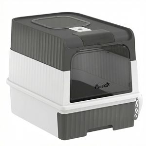 "Smart Hooded <b>Cat</b> Litter <b>Box</b> with Drawer & Front/Top Entry for Easy Cleaning-Gray" - Product Image 1