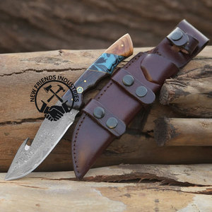 Couteau de chasse et de dépecage à lame pleine en acier Damas, manche en bois de wengé et olivier, poignée turquoise, lame de 5 pouces, fait main, lame fixe - Product Image 1