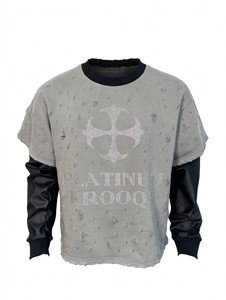 Custom Heavyweight Vintage Distressed Ripped Rhinestone Cross Graphic T <b>Shirt</b> Men Double Layer Long Sleeve Leather Sleeves - Product Image 1