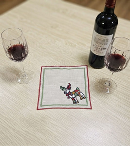 Wholesale Custom Embroidered Modern Cocktail Napkins Deer Christmas Natural <b>Linen</b> Red Green Border Coaster for Home Bars - Product Image 4