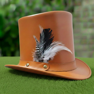 Premium quality custom made Handmade Orange Leather Steampunk <b>Top</b> Hat with Feather Victorian Cosplay Costume Hat - Product Image 5