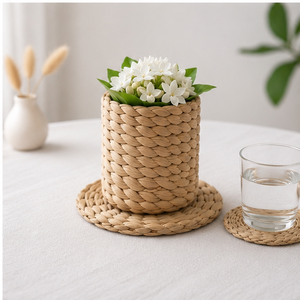 Sous-verre rond en bambou tressé fait main avec motif floral, écologique, pour la décoration de la cuisine et de la table basse - Product Image 2