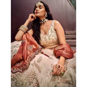 Lehenga Choli nupcial de seda suave beige bordado con corte en A y espalda ilusoria - Product Image 2