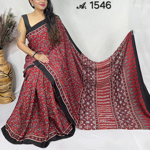 ผ้าไหมโมดอลอัจรัคแท้ พิมพ์ลายด้วยมือแบบดั้งเดิมของอินเดีย เนื้อผ้าหนัก พร้อมผ้าสำหรับตัดเสื้อคลุม - Product Image 1