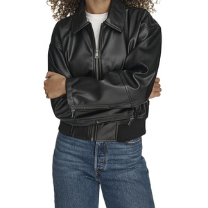 Chaqueta bomber de cuero PU negra para mujer, estilo vintage, imitación cuero, con cuello extendido, cierre de cremallera, estilo motociclista, informal. - Product Image 6