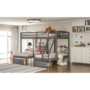 Gray Full Over Twin and Twin <b>Bunk</b> Bed with Drawers Kids' <b>Triple</b> <b>Bunk</b> Bed - Product Image 4