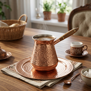 หม้อกาแฟทองแดงลายใบอะแคนธัสสุดหรู งานแฮนด์เมด พร้อมด้ามจับไม้ทรงเรียว สำหรับเตาแก๊ส สไตล์ตุรกี/กรีก - Product Image 5