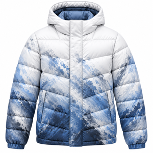 Men's Blue <b>White</b> Printed Hooded <b>Puffer</b> <b>Jacket</b> Windproof Winter Coat Zipper Closure Casual Regular Fit Thick Polyester Shell - Product Image 1