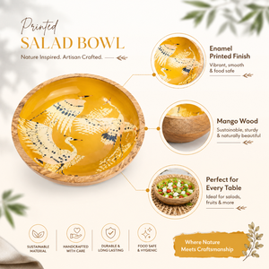 Bol à salade en bois de manguier imprimé avec finition émaillée, fait main, sûr pour les aliments, pour fruits, collations, cuisine, table à manger - Product Image 5