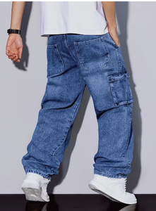 Pantalones Cargo de Mezclilla Holgados para Hombre, Cintura Elástica, Cierre de Cremallera, Transpirables, para Todas las Temporadas, Estilo Urbano, con Bolsillos, Grosor Estándar - Product Image 4