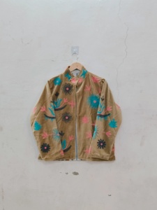 Women's <b>Velvet</b> <b>Jacket</b> Mandarin Collar Floral Hand Embroidery Full Sleeve Spring Style 100% Polyester - Product Image 1