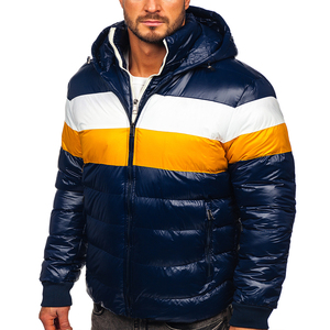 Men's Hooded Puffer <b>Jacket</b> Color Blocking Navy White <b>Yellow</b> Windproof Winter Warm Thick Polyester Quilted Coat Regular Fit - Product Image 5