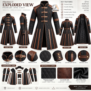 Premium <b>Men's</b> Quilted Medieval Gambeson <b>Coat</b> Renaissance Trim Belted <b>Long</b> Jacket with Front Logo Windproof & <b>Waterproof</b> - Product Image 5