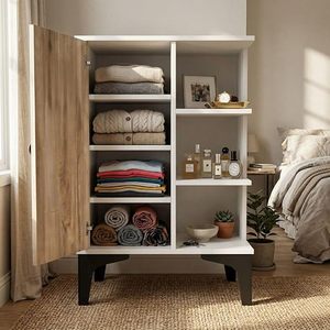 Meuble à chaussures en bois avec porte et étagères ouvertes, armoire de rangement à 4 niveaux pour entrée, salon et chambre, bois d'ingénierie - Product Image 4