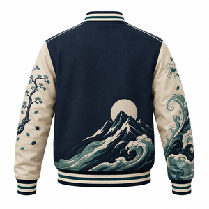 Veste universitaire décontractée à bas prix avec broderie d'art japonais à motif vague, corps en laine et manches en cuir PU, pour l'hiver et le streetwear - Product Image 2