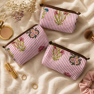 Elegant Pink Floral 3 Piece Cosmetic Pouch Set Quilted Cotton Makeup <b>Bags</b> for Women Travel <b>Vanity</b> Toiletry Organizer Gift Set - Product Image 2