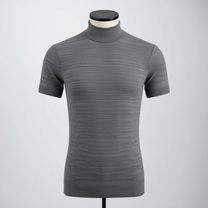 Men’s Knitted Mock Neck T-Shirt Short Sleeve Soft Cotton Blend Fashion Tee with OEM ODM Customization - Product Image 3