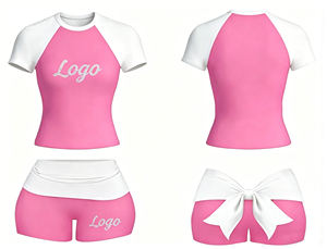 Custom Logo Women 2 Piece Y2K Outfit, <b>Raglan</b> Sleeve Rhinestone Crop <b>Top</b> High Waist Bow Tie Shorts Casual Streetwear - Product Image 5