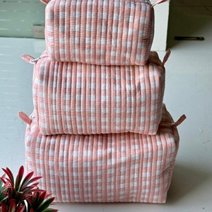 Juego de Bolsas de Cosméticos de Algodón a Cuadros Rosa con Cierre de Cremallera, Bolsas de Maquillaje Multifuncionales - Product Image 3