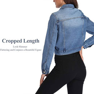 Veste en jean courte pour femme, col rabattu, fermeture boutonnée, manches longues, veste en jean en coton chaud pour l'hiver - Product Image 2