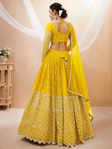 Yellow <b>Sequin</b> Embroidered Lehenga Choli With V-Neck <b>Crop</b> <b>Top</b> And Full Sleeves Floor-Length Bridesmaid Dress A-Line Silhouette - Product Image 5