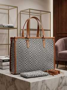 Bolso Tote Jacquard Tejido de Alta Densidad con Patrón Geométrico de Ilusión Óptica Moderna, Dos Correas, Gran Capacidad, Resistente al Agua - Product Image 3