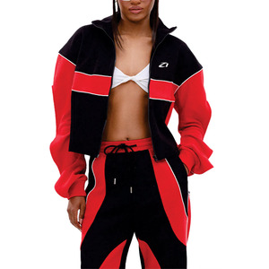 Trendy Women's Contrast Panel Ribbed Windbreaker Tracksuit Custom <b>Zip</b> <b>Up</b> <b>Jacket</b> Flare Sleeve Jogger Fashion Streetwear Hoodies - Product Image 3