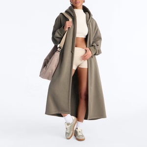 Cappotto Lungo con Cappuccio <span class=keywords><strong>Verde</strong></span> Oliva per Donna, Cardigan Maxi in Cotone, Soprabito Invernale Casual Spesso, <span class=keywords><strong>Trench</strong></span> Coat in Pile - Product Image 1