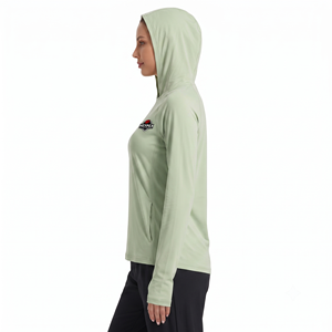 Unisex Summer Fishing <b>Top</b> Light Green Hooded Long Sleeve Sun Protection Shirt with Pockets and <b>Thumb</b> <b>Holes</b> - Product Image 3