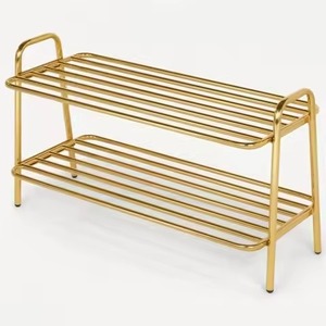 Golden Metal Shoe Rack 2 Tier Freestanding Modern Minimalist Design Home Storage Organizer Entryway Furniture - Product Image 1